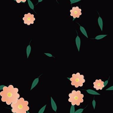 Serbest kompozisyonda yeşil yapraklı basit çiçekler, vektör illüstrasyonu