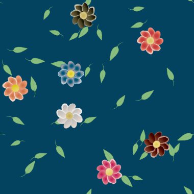 Serbest kompozisyonda yeşil yapraklı basit çiçekler, vektör illüstrasyonu