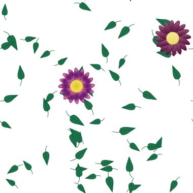 Serbest kompozisyonda yeşil yapraklı basit çiçekler, vektör illüstrasyonu