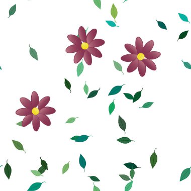 Serbest kompozisyonda yeşil yapraklı basit çiçekler, vektör illüstrasyonu