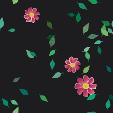 Serbest kompozisyonda yeşil yapraklı basit çiçekler, vektör illüstrasyonu