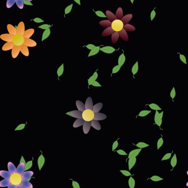 Serbest kompozisyonda yeşil yapraklı basit çiçekler, vektör illüstrasyonu