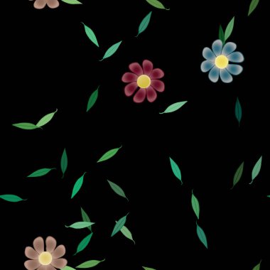 Serbest kompozisyonda yeşil yapraklı basit çiçekler, vektör illüstrasyonu