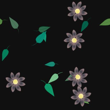 Serbest kompozisyonda yeşil yapraklı basit çiçekler, vektör illüstrasyonu