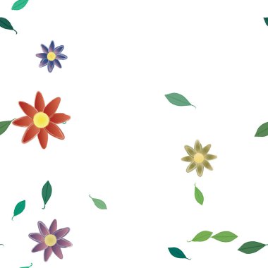 Serbest kompozisyonda yeşil yapraklı basit çiçekler, vektör illüstrasyonu