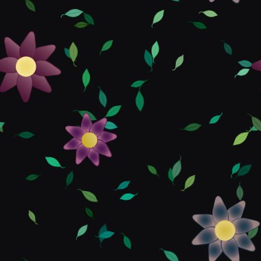 Serbest kompozisyonda yeşil yapraklı basit çiçekler, vektör illüstrasyonu