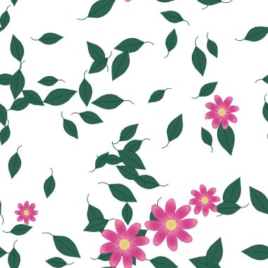 Serbest kompozisyonda yeşil yapraklı basit çiçekler, vektör illüstrasyonu