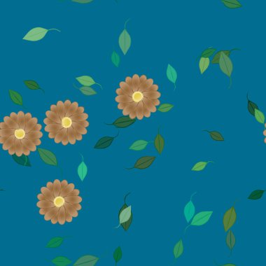 Serbest kompozisyonda yeşil yapraklı basit çiçekler, vektör illüstrasyonu