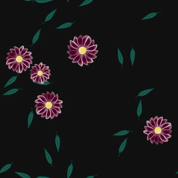 Flores Simples Con Hojas Verdes Composición Libre Ilustración Vectorial — Vector de stock