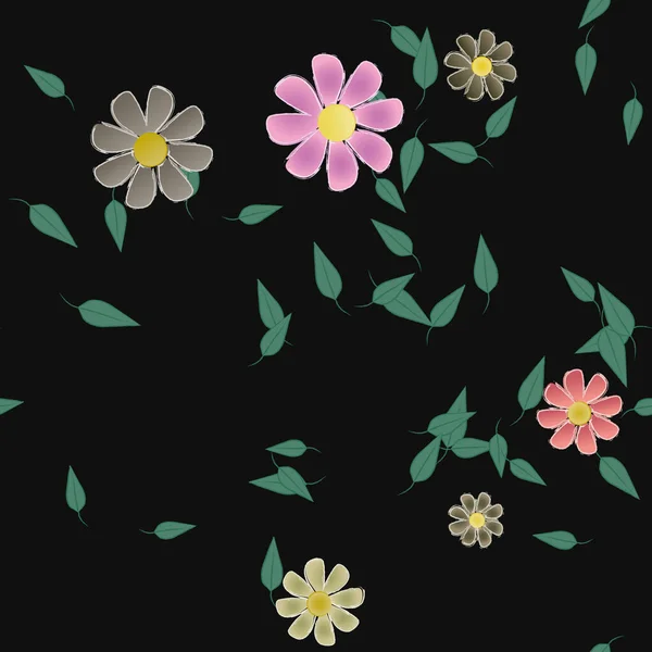 Flores Simples Con Hojas Verdes Composición Libre Ilustración Vectorial — Vector de stock