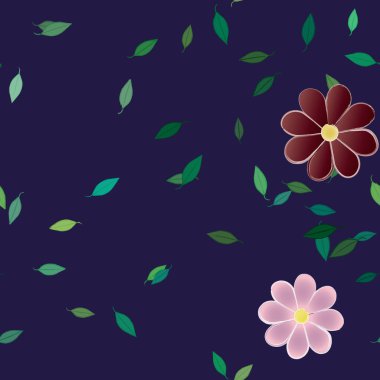 Basit çiçek ve yeşil yapraklı tasarım kompozisyonu, vektör illüstrasyonu