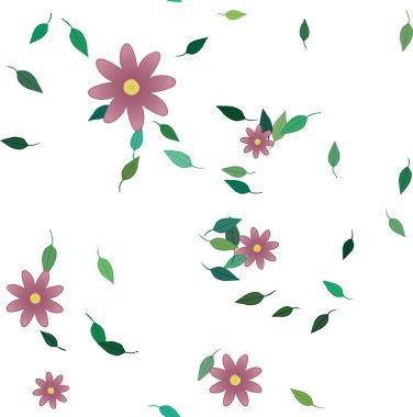 Basit çiçek ve yeşil yapraklı tasarım kompozisyonu, vektör illüstrasyonu