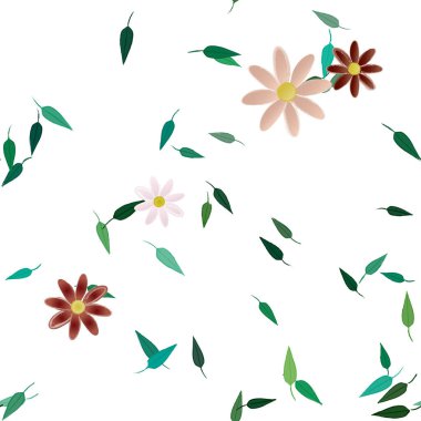 Basit çiçek ve yeşil yapraklı tasarım kompozisyonu, vektör illüstrasyonu