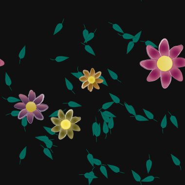 Basit çiçek ve yeşil yapraklı tasarım kompozisyonu, vektör illüstrasyonu