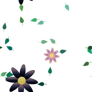 Basit çiçek ve yeşil yapraklı tasarım kompozisyonu, vektör illüstrasyonu