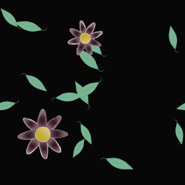 Serbest kompozisyonda yeşil yapraklı basit çiçekler, vektör illüstrasyonu