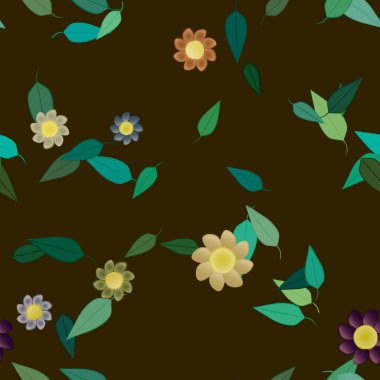 Serbest kompozisyonda yeşil yapraklı basit çiçekler, vektör illüstrasyonu