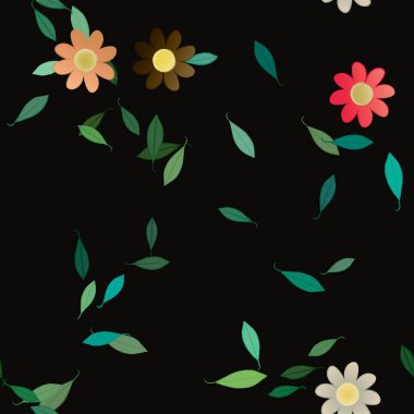 Serbest kompozisyonda yeşil yapraklı basit çiçekler, vektör illüstrasyonu