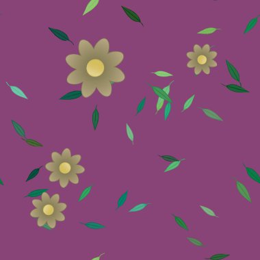 Serbest kompozisyonda yeşil yapraklı basit çiçekler, vektör illüstrasyonu