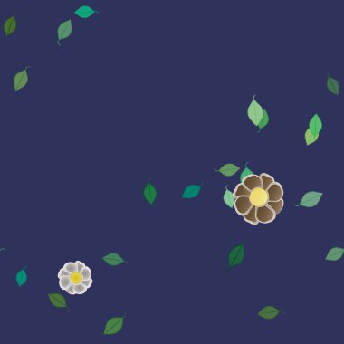 Serbest kompozisyonda yeşil yapraklı basit çiçekler, vektör illüstrasyonu