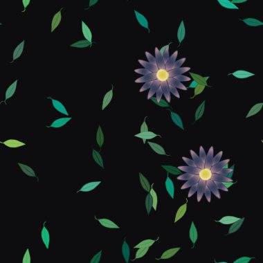 Serbest kompozisyonda yeşil yapraklı basit çiçekler, vektör illüstrasyonu