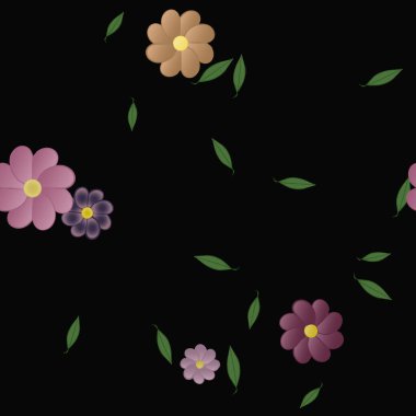 Serbest kompozisyonda yeşil yapraklı basit çiçekler, vektör illüstrasyonu