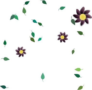 Serbest kompozisyonda yeşil yapraklı basit çiçekler, vektör illüstrasyonu