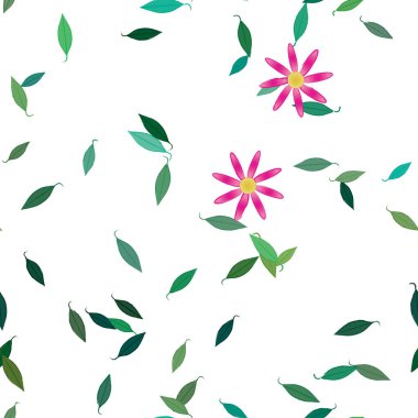 Serbest kompozisyonda yeşil yapraklı basit çiçekler, vektör illüstrasyonu