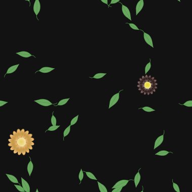 Serbest kompozisyonda yeşil yapraklı basit çiçekler, vektör illüstrasyonu