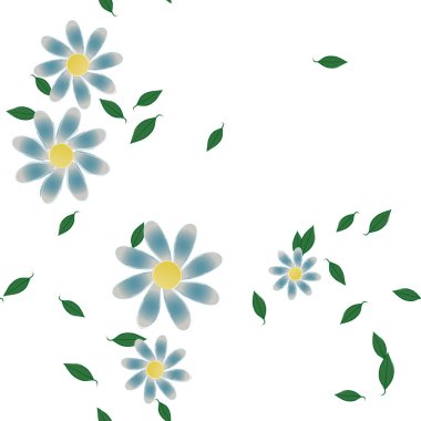 Serbest kompozisyonda yeşil yapraklı basit çiçekler, vektör illüstrasyonu