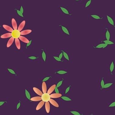 Serbest kompozisyonda yeşil yapraklı basit çiçekler, vektör illüstrasyonu