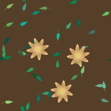 Serbest kompozisyonda yeşil yapraklı basit çiçekler, vektör illüstrasyonu