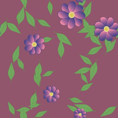 Serbest kompozisyonda yeşil yapraklı basit çiçekler, vektör illüstrasyonu