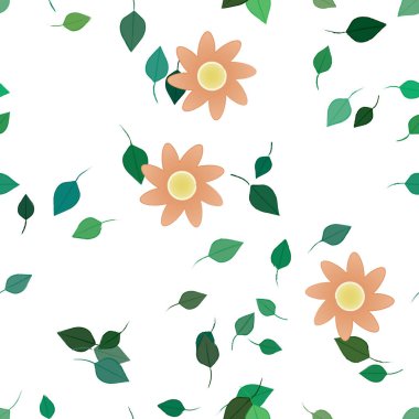 Serbest kompozisyonda yeşil yapraklı basit çiçekler, vektör illüstrasyonu