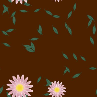 Serbest kompozisyonda yeşil yapraklı basit çiçekler, vektör illüstrasyonu