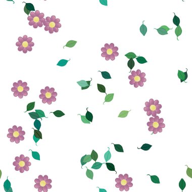 Serbest kompozisyonda yeşil yapraklı basit çiçekler, vektör illüstrasyonu