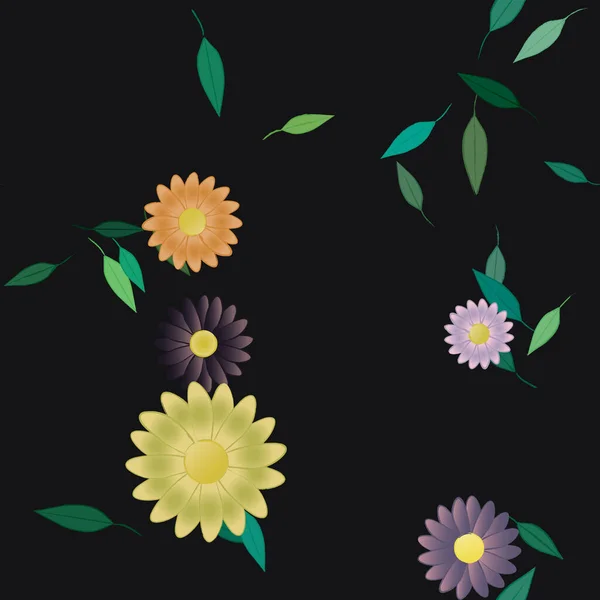 Illustrazione Vettoriale Fiori Estivi Petali Con Foglie Sfondo Botanico — Vettoriale Stock