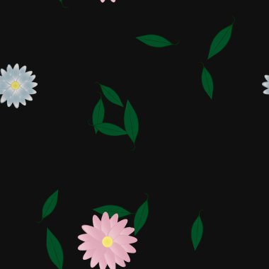 basit renkli çiçekleri olan serbest kompozisyon ve duvar kağıdı için yeşil yapraklar, vektör illüstrasyonu