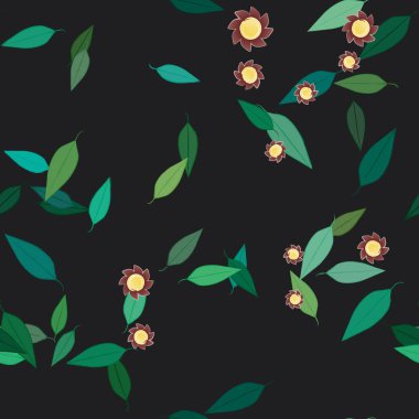 basit renkli çiçekleri olan serbest kompozisyon ve duvar kağıdı için yeşil yapraklar, vektör illüstrasyonu