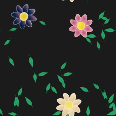 basit renkli çiçekleri olan serbest kompozisyon ve duvar kağıdı için yeşil yapraklar, vektör illüstrasyonu