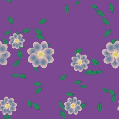 basit renkli çiçekleri olan serbest kompozisyon ve duvar kağıdı için yeşil yapraklar, vektör illüstrasyonu