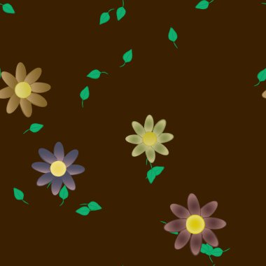 basit renkli çiçekleri olan serbest kompozisyon ve duvar kağıdı için yeşil yapraklar, vektör illüstrasyonu