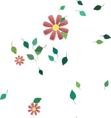 basit renkli çiçekleri olan serbest kompozisyon ve duvar kağıdı için yeşil yapraklar, vektör illüstrasyonu