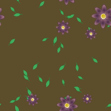 basit renkli çiçekleri olan serbest kompozisyon ve duvar kağıdı için yeşil yapraklar, vektör illüstrasyonu