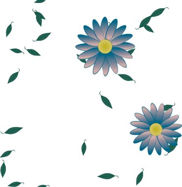 basit renkli çiçekleri olan serbest kompozisyon ve duvar kağıdı için yeşil yapraklar, vektör illüstrasyonu