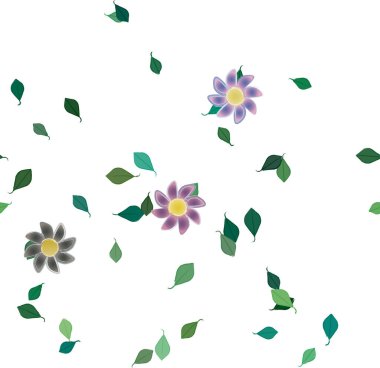 basit renkli çiçekleri olan serbest kompozisyon ve duvar kağıdı için yeşil yapraklar, vektör illüstrasyonu