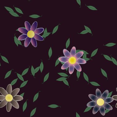 basit renkli çiçekleri olan serbest kompozisyon ve duvar kağıdı için yeşil yapraklar, vektör illüstrasyonu