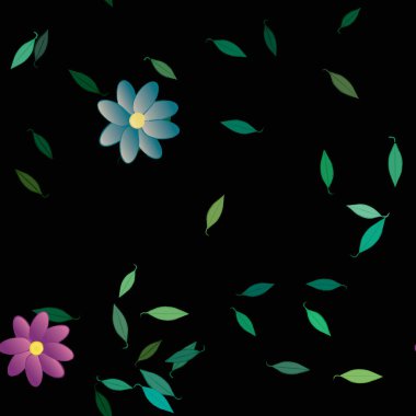 basit renkli çiçekleri olan serbest kompozisyon ve duvar kağıdı için yeşil yapraklar, vektör illüstrasyonu