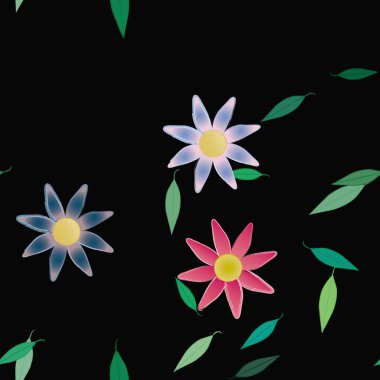 basit renkli çiçekleri olan serbest kompozisyon ve duvar kağıdı için yeşil yapraklar, vektör illüstrasyonu