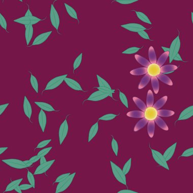 basit renkli çiçekleri olan serbest kompozisyon ve duvar kağıdı için yeşil yapraklar, vektör illüstrasyonu